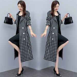 高端千鸟格风衣女2024春秋新款韩版显瘦气质收腰长款过膝大衣外套图片
