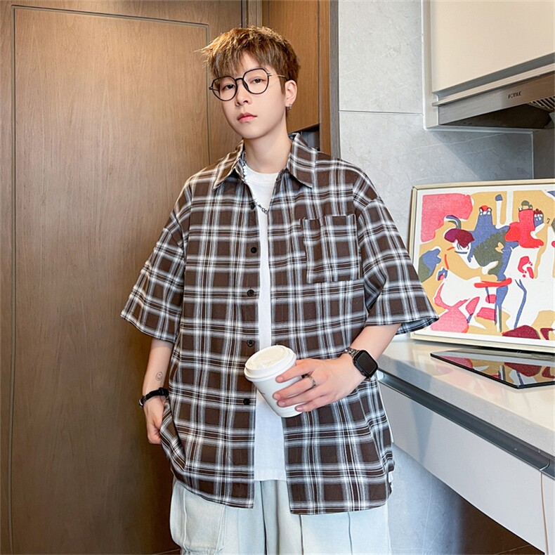 2024夏季新款港风日系复古宽松百搭翻领格子短袖衬衫男ZC736-P35,男装衬衫,星座313A(原308A-2)