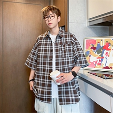 2024夏季新款港风日系复古宽松百搭翻领格子短袖衬衫男ZC736-P35，男装衬衫，星座313A(原308A-2)