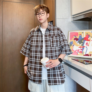 2024夏季新款港风日系复古宽松百搭翻领格子短袖衬衫男 ZC736-P35图片