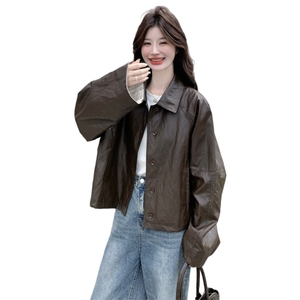 美拉德咖色设计感条纹皮衣外套女2025秋季新款慵懒风百搭减龄外套图片