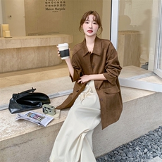 酷飒美拉德棕色麂皮外套女春秋超火好看高级小众宽松短款夹克上衣，女装短外套，2C108
