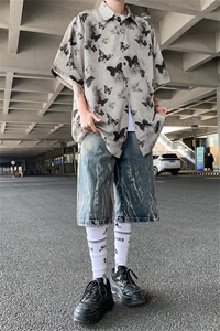 风小众设计蝴蝶短袖男女薄款宽松垂感复古水墨印花衬衣开衫外套图片