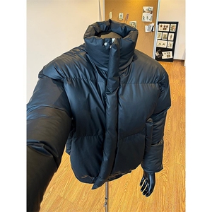 现货5W件冬季三防重磅硬挺boxy短款羽绒立领PU皮棉衣外套加厚棉服图片