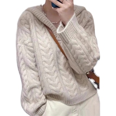 秋冬新款连帽针织加厚套头毛衣女扭花帽衫打底羊毛衫，女装羊毛衫，思途羊绒