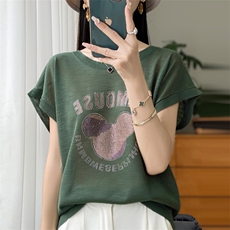时尚气质圆领套头短袖针织衫纯色百搭显瘦女装毛衣，女装针织衫/毛衣，大美人包芯纱店