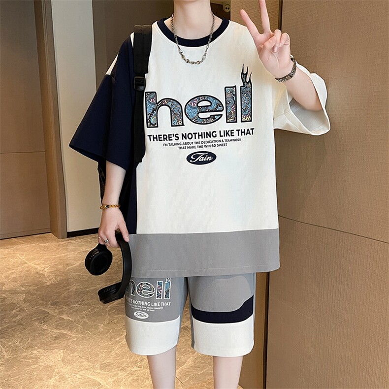 TZ2026-特价P45时尚渐变字母印花短袖套装青少年学生短裤,男装休闲套装,电商A247