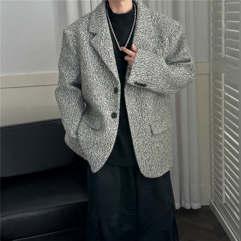 现货-秋冬潮牌羊毛呢大衣垫肩西装外套男时尚夹克-AJ23121-P155，男装夹克，电商A351