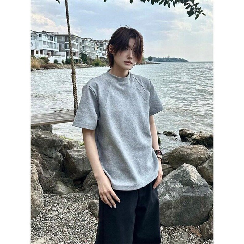 浅灰色松弛感正肩t恤男美式320g重磅太空棉短袖cleanfit情侣半袖,男装T恤,星座1008