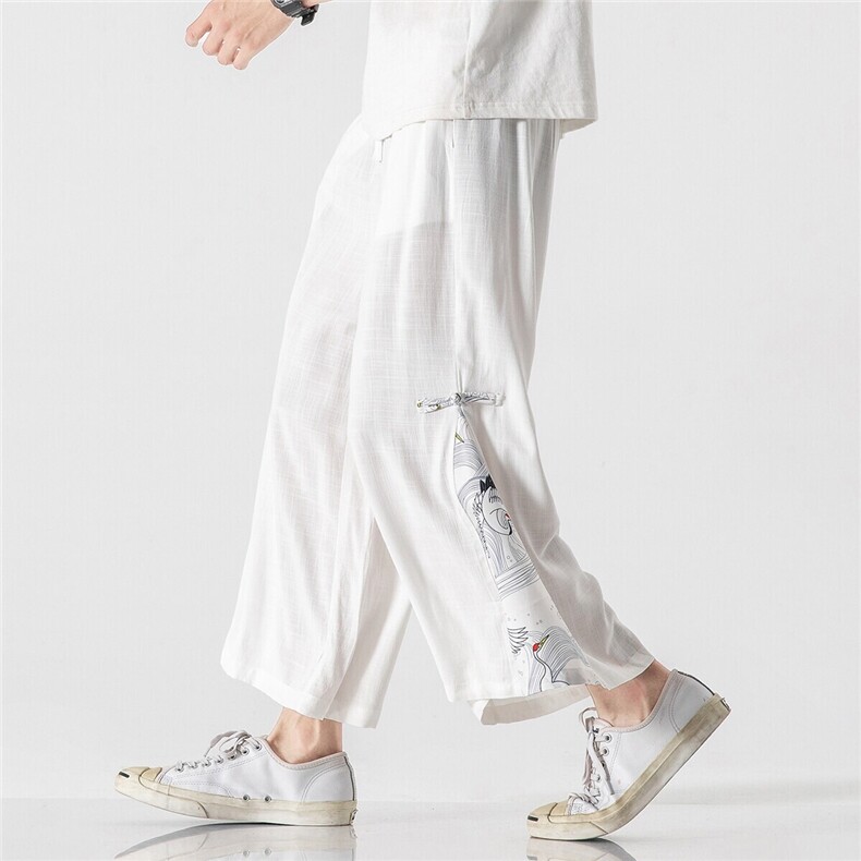 夏季大码风棉麻宽松休闲改良盘扣汉服阔腿裤潮情侣K110/P70，男装民族服装，钱塘713
