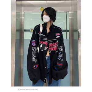 美式高街机车夹克外套男女春秋oversizec潮牌休闲情侣刺绣棒球服图片
