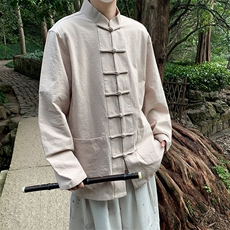 春秋季风棉麻长袖上衣男士衬衫盘扣复古打底衫，男装T恤，星座1206-2（原A206-2）