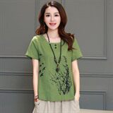 2021年夏季印花常规圆领通勤纽扣动物图案风景麻T恤，女装T恤，丽影随形