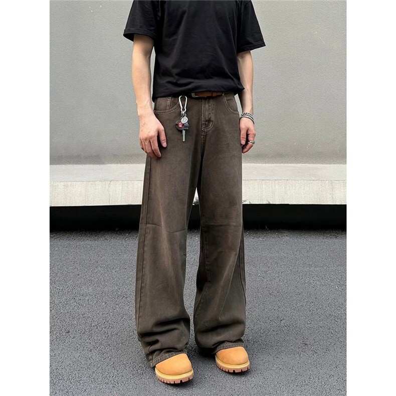 春季垂坠感拉满洗染棕色牛仔裤直筒男女cleanfit阔腿裤NZB107,男装牛仔裤,星座516A