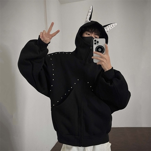 抖音得物高品质 26春装美式高街铆钉杜宾犬耳朵开衫卫衣外套W125图片