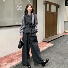 法式优雅气质套装女2025秋新款撞色拼接格纹飘带上衣阔腿裤两件套，女装套装/套裙，2C159