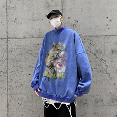 水洗做旧加绒加厚卫衣男23冬高领油画花朵打底衫XZ514-2-X51-P78，男装T恤，星座514-2(原B239)