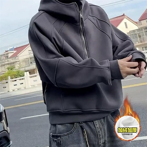 480G重磅加绒硬挺boxy男女秋冬美式高街结构半拉链卫衣开衫厚外套图片