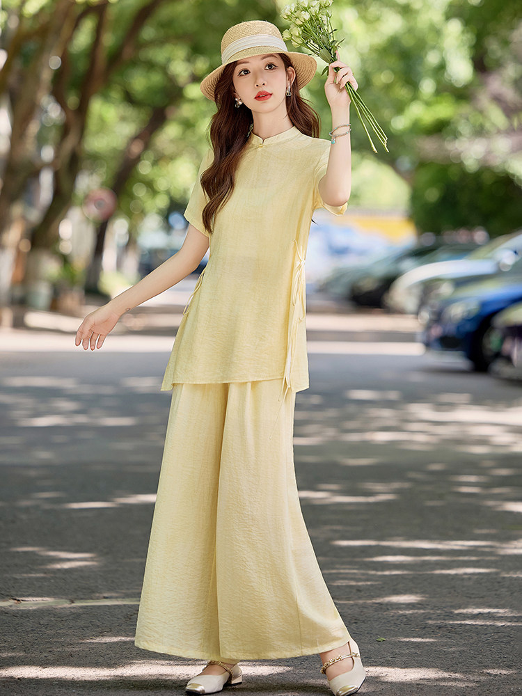 简约百搭新中式套装女2026夏季新款洋气减龄盘扣上衣阔腿裤两件套,女装套装/套裙,水衣源