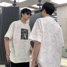 美式重磅340克蜡染复古水洗做旧宽松印花短袖T恤男潮T708-P30，男装T恤，电商C307A