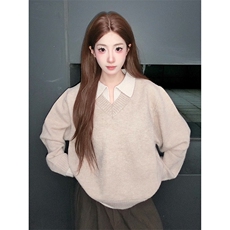 重磅北极绒假两件衬衫领毛衣美式高街复古休闲慵懒纯色翻领针织衫，男装针织衫/毛衣，电商A486