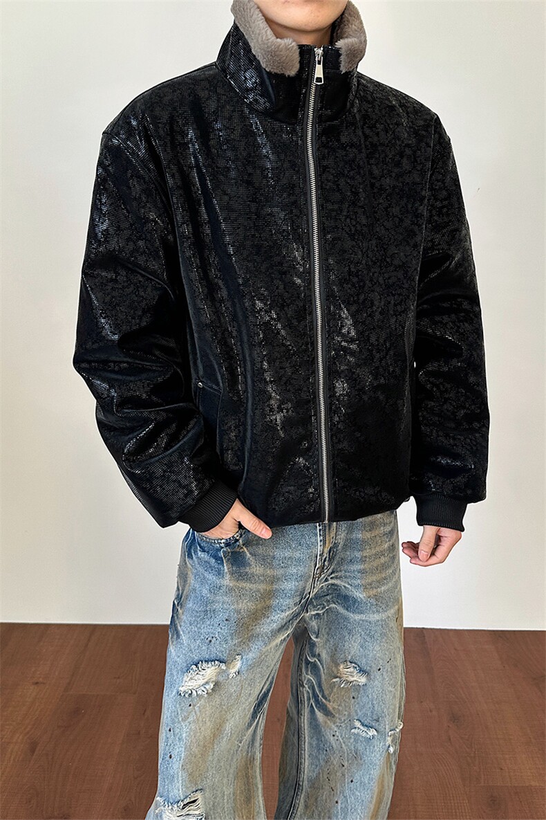 加绒加厚蛇纹亮片棉衣潮牌宽松座山雕皮衣男D54135-TP80158,男装皮衣,电商A102