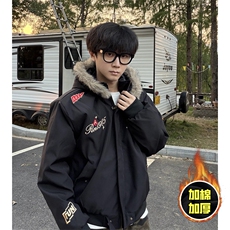 现货高品质美式高街重磅刺绣座山雕大毛毛领棉衣男女加厚棉服外套，男装棉衣，电商A443