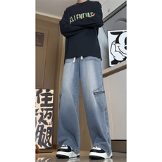 水洗拉链秋季新款牛仔裤男美式潮牌复古阔腿长裤子-A1153TP55控79，男装牛仔裤，电商B241