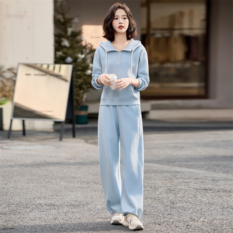 蓝色套装连帽卫衣女春装新款时尚潮流两件套直筒修身宽松休闲裤子,女装卫衣/绒衫,梦懿尔