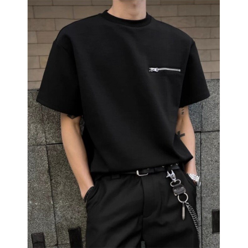 重磅拉链短袖男款夏季设计感t恤痞帅小领口正肩半袖T5577,男装T恤,星座1116A（原606A-3）