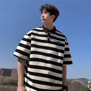 美式港风条纹短袖polo衫男大码翻领短袖T恤DP8761P40控59图片