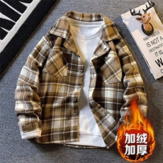 复古小香风格子外套男冬季加绒加厚宽松翻领毛呢衬衫夹克休闲上衣，男装夹克，星座1013-1
