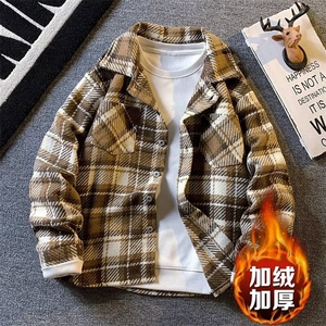 复古小香风格子外套男冬季加绒加厚宽松翻领毛呢衬衫夹克休闲上衣图片