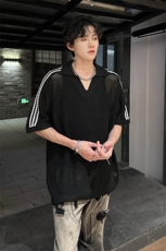 夏季镂空条纹三条杠透气网眼针织polo衫潮V领上衣A071-902-P55，男装Polo衫，电商A071