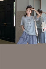 灰色格子花边阔腿裤两件套时尚套装女高腰显瘦一整套，女装套装/套裙，2C166