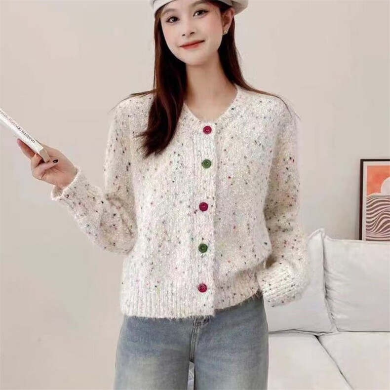 2025年秋季新款女士百搭彩点圆领针织开衫，女装针织衫/毛衣，萱芳婷羊绒