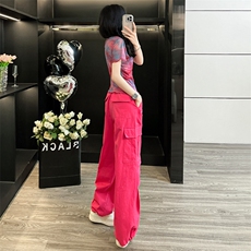 女夏新款时尚运动休闲套装洋气减龄玫红色圆领上衣阔腿长裤两件套，女装套装/套裙，2C310