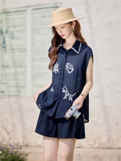 刺绣无袖衬衫套装女2025夏季新款气质减龄棉麻上衣高腰短裤两件套，女装套装/套裙，微微衣阁