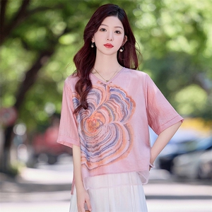 复古印花天丝棉麻衬衫女2025夏薄款v领宽松显瘦休闲宽松苎麻衬衣图片