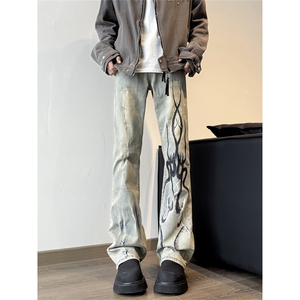 水洗做旧复古微喇叭牛仔裤男款火焰残影印花显瘦裤子 NZK1740-P48图片