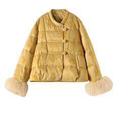 现货2026新中式气质优雅提花真狐狸毛时尚减龄白鹅绒羽绒服，女装羽绒服，时尚俏佳人