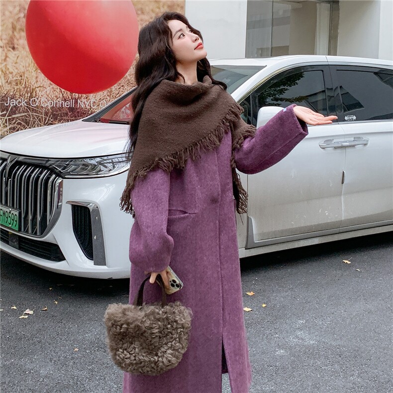 现货2025秋冬新款双面羊毛大衣女中长款韩系宽松带围巾羊毛呢外套，女装双面呢大衣，琦鑫阁（原依鑫阁）