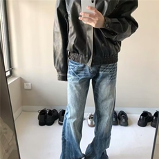 美式水洗闪电裂纹牛仔裤新款潮牌垂感宽松直筒裤潮N800-P43，男装牛仔裤，星座208-5
