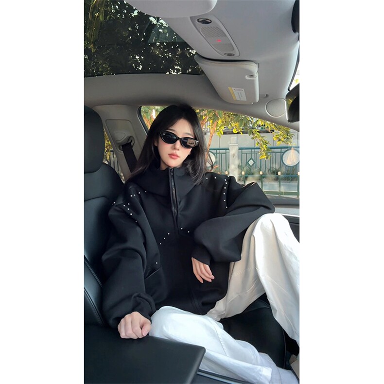 抖音得物高品质二开26春装美式高街铆钉拼接纯色开衫卫衣外套W122图片
