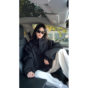 抖音得物高品质二开26春装美式高街铆钉拼接纯色开衫卫衣外套W122图片