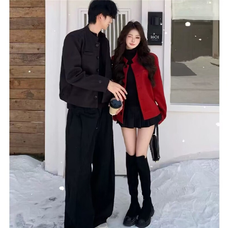 酒红色垫肩立领短款西装外套男女秋冬新款痞帅设计感夹克西服,男装夹克,星座506A