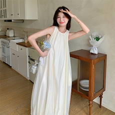天丝麻宽松腰茧型无袖2024年夏季长裙文艺复古，女装连衣裙，诺蝶