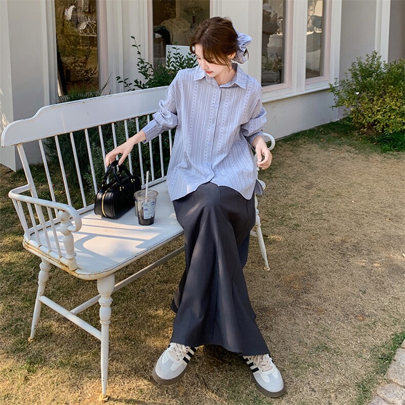 轻熟风蓝色衬衫套装裙女2025春秋季新款韩版休闲显瘦半身裙两件套,女装套装/套裙,2C051