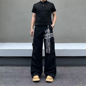 美式覆古字母印花多口袋褶皱工装裤高街cleanfit宽松直筒休闲长裤图片