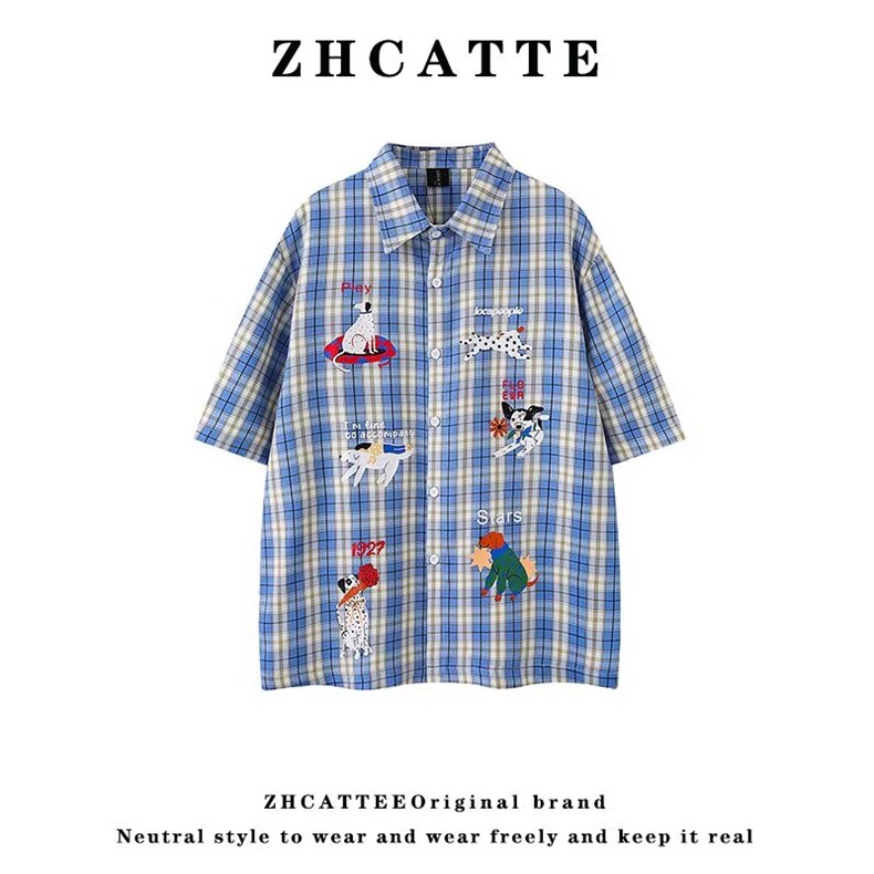 复古格子短袖衬衫男女夏薄款休闲刺绣小众设计情侣衬衣LS006P40，男装T恤，星座1013-5